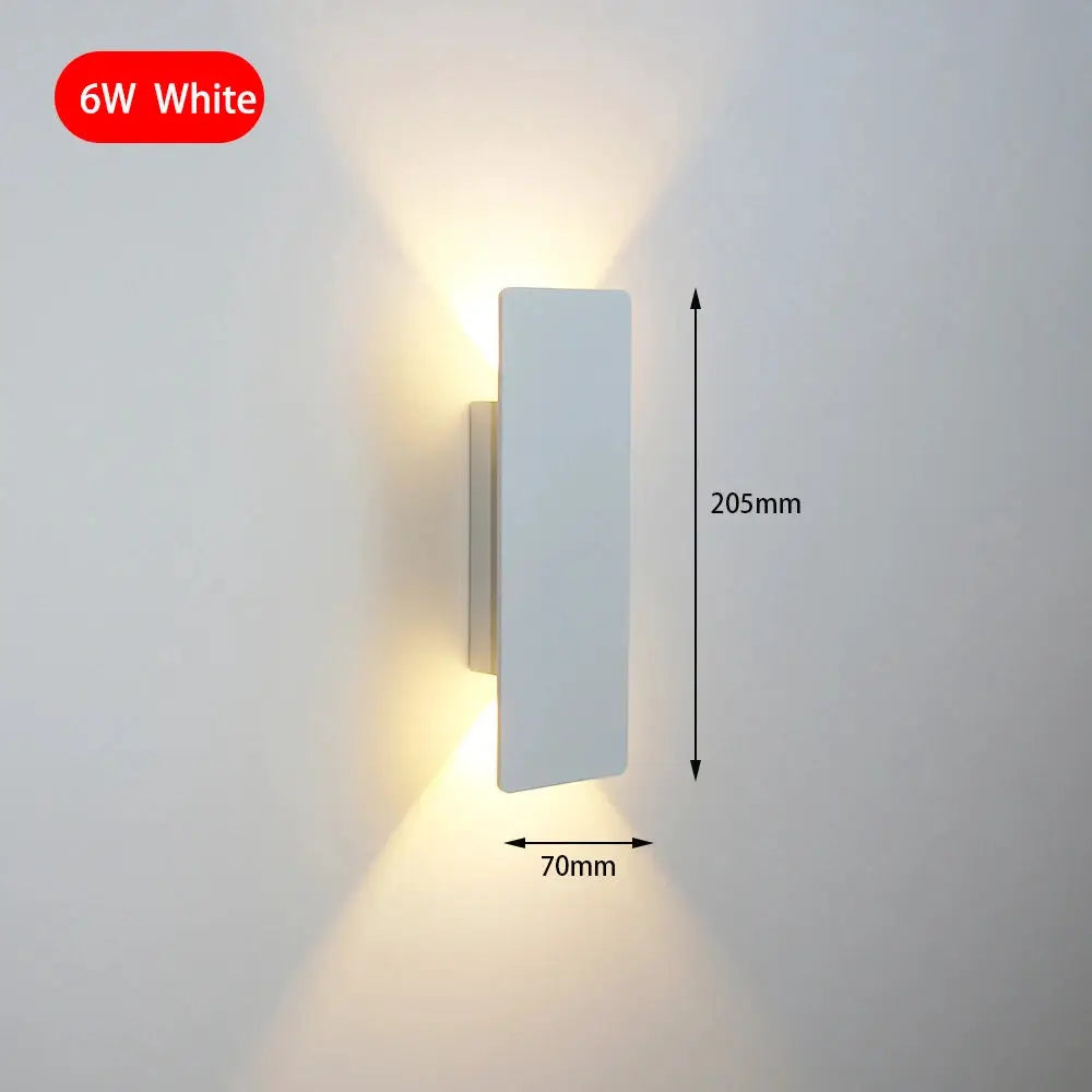 Modern white aluminum LED wall lamp, vertical rectangular fixture, 205mm tall by 70mm wide, 6W white LED