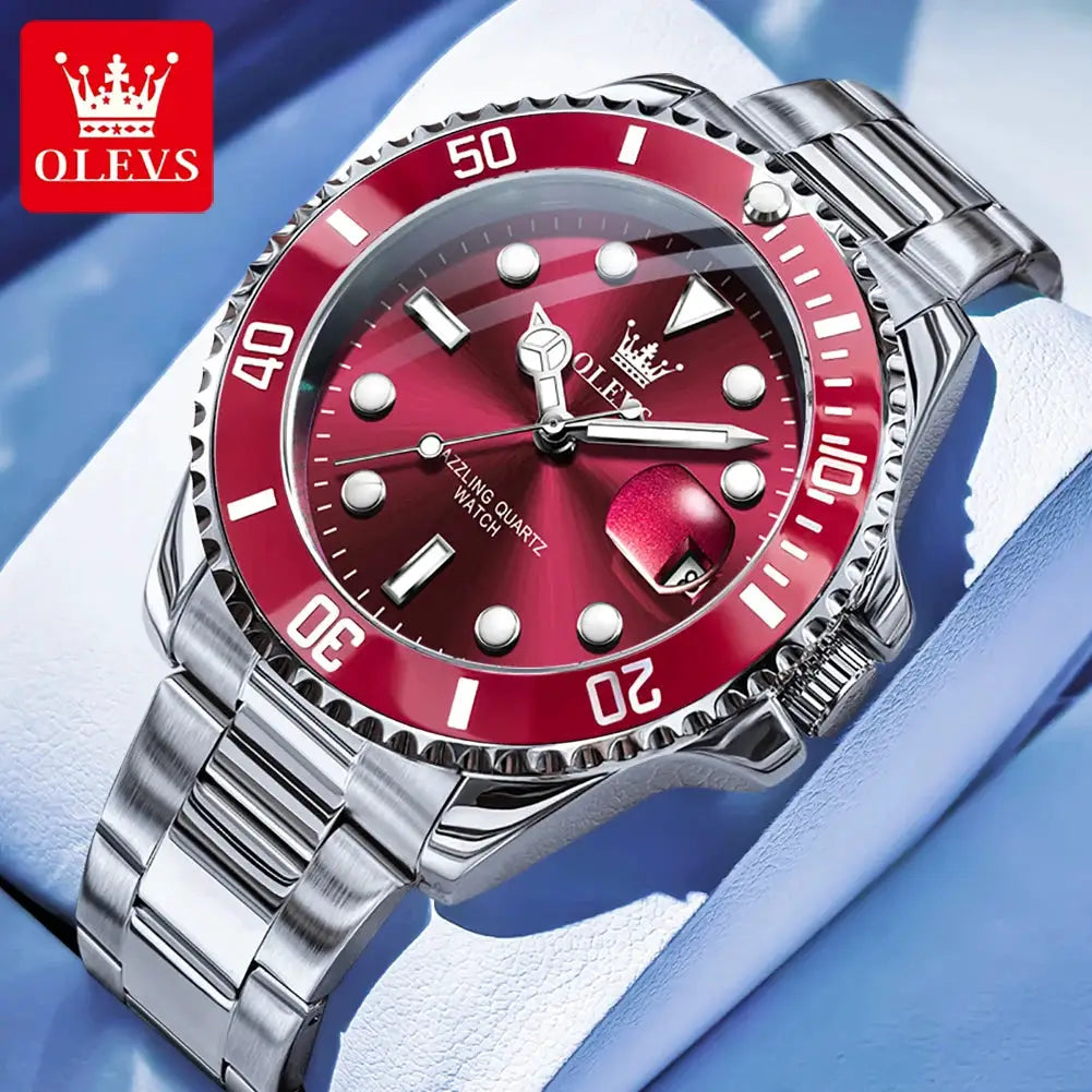 OLEVS 5885 quartz diving watch with stainless steel band, red dial and bezel, luminous markers, date window