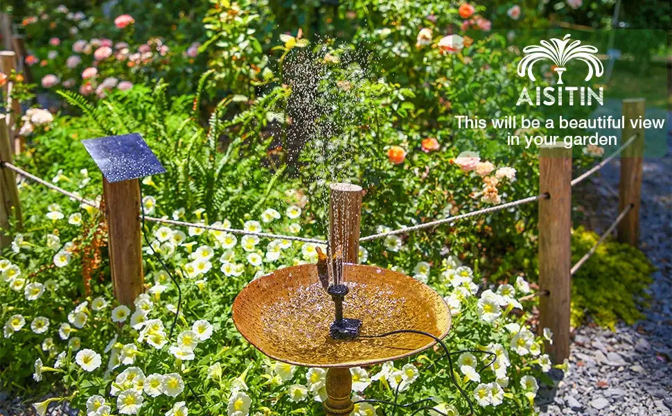 Solar fountain pump kit for ponds and bird baths; rust-colored basin with 6 nozzles, Simples Market