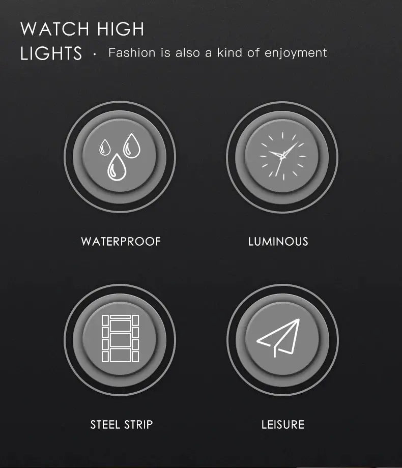 OLEVS 5513 watch infographic showing waterproof, luminous, steel strip, leisure icons