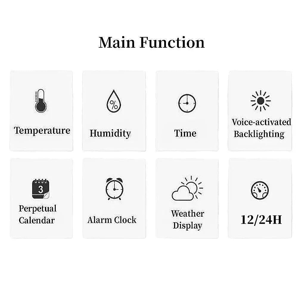 Multi-functional digital LCD weather station clock with time, temperature, humidity, calendar, alarm, and 12/24H