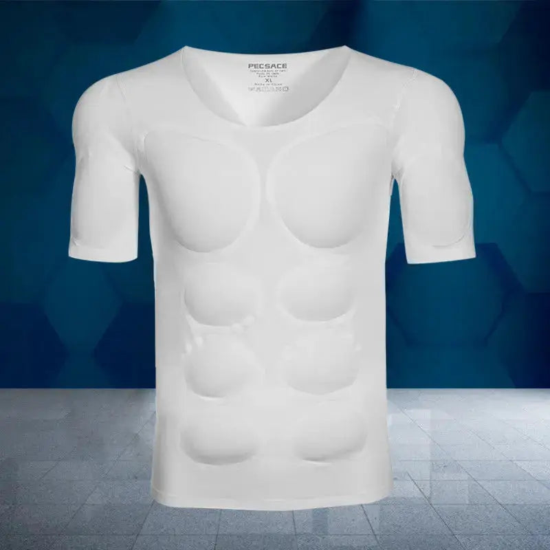 Men's body shaper undershirt with built-in ABS muscle padding, white cosplay chest and abs top