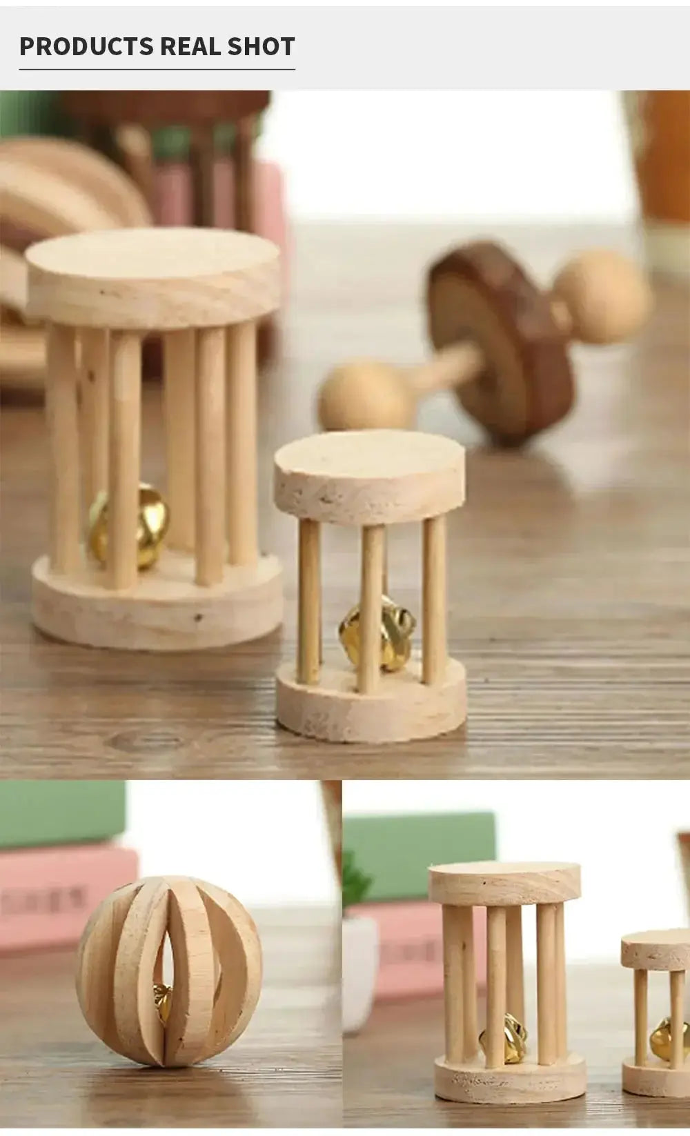 Rabbit roller toy set by Simples Market; natural wooden pine with bells for guinea pigs and rats