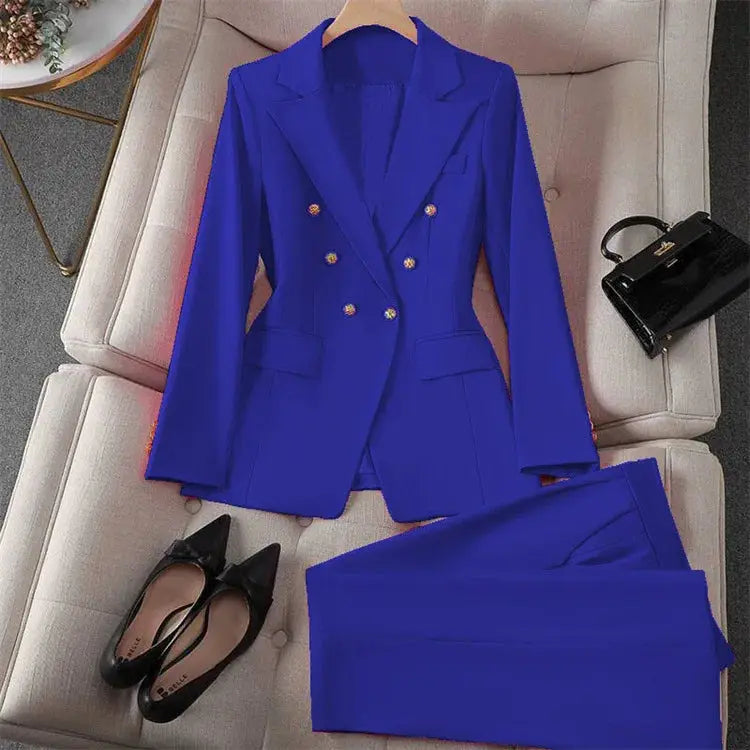 Women's royal blue 2-piece blazer pants suit with double-breasted gold-button jacket