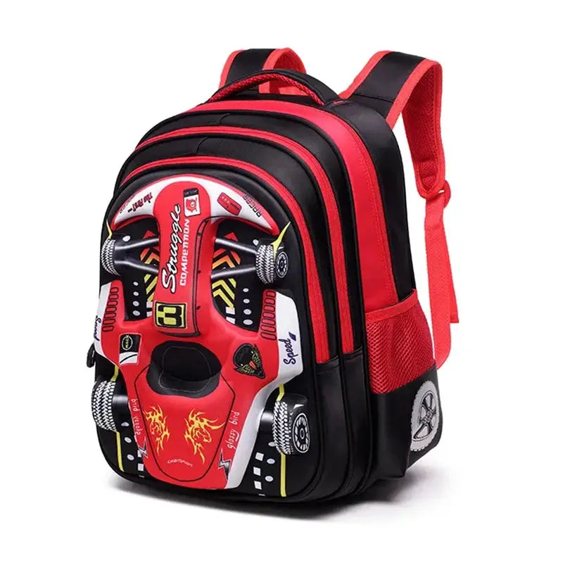 3D car-shaped kids backpack by Simples Market, red and black, waterproof and lightweight