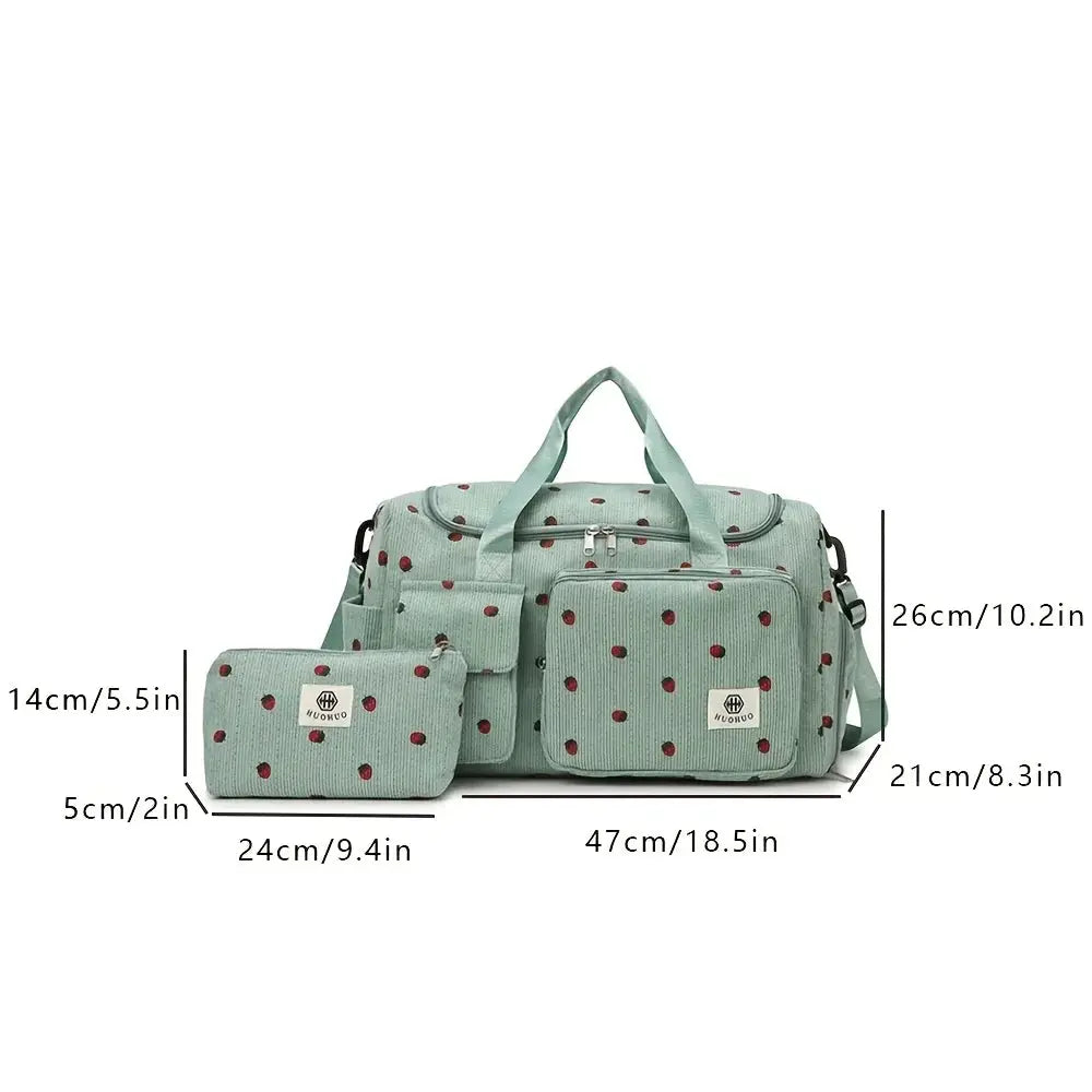 Simples Market strawberry-pattern mint corduroy travel bag set with large tote and matching small pouch, front pockets