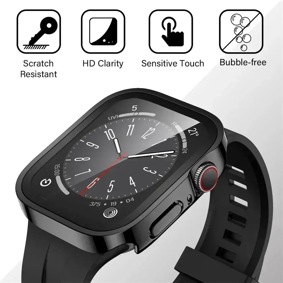 Apple Watch tempered-glass screen protector with PC bumper by Simples Market, fits 40-46mm Series 4-9 and SE