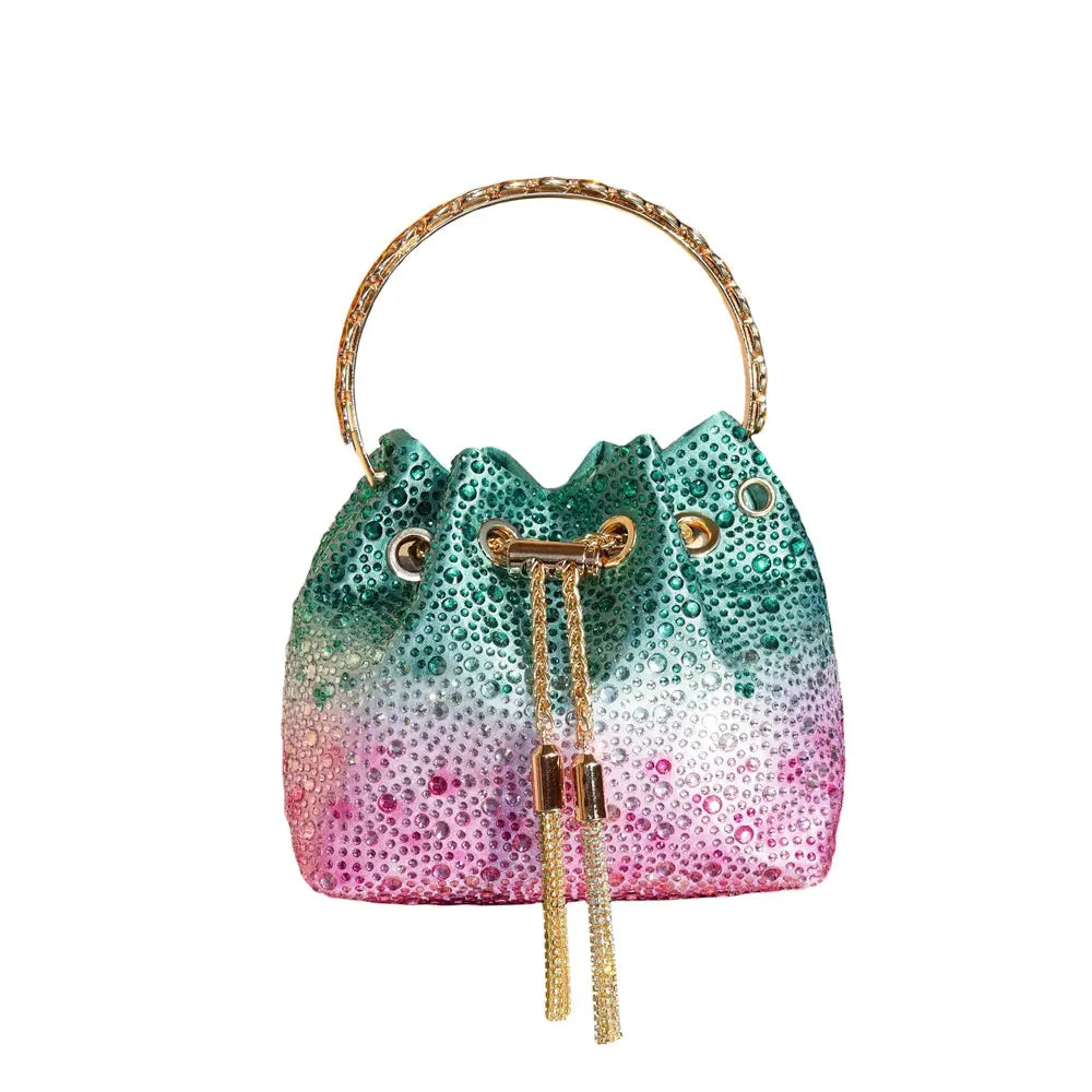 Rhinestone evening clutch bag with gradient green-to-pink crystals, gold circular handle and tassel drawstring