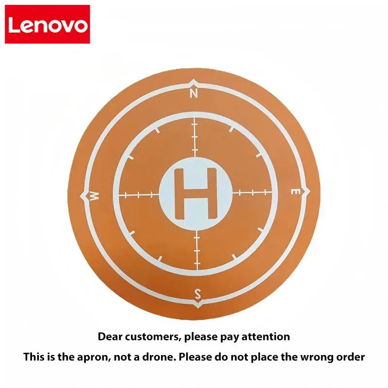 Lenovo apron with orange circular helipad design and center H; Lenovo logo visible.