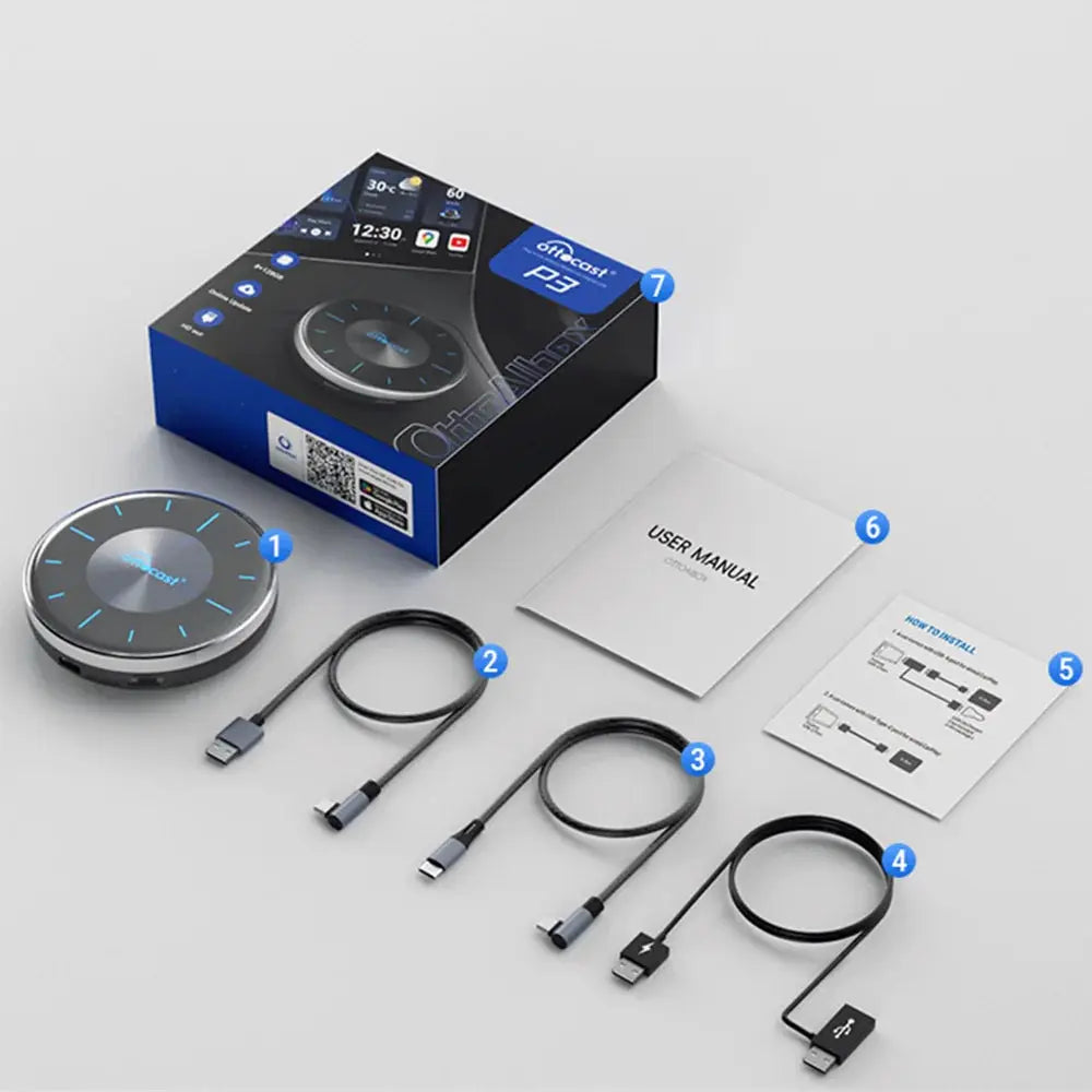 OTTOCAST P3 CarPlay AI Box by Simples Market, silver circular unit with blue LED, 4 cables, manuals and box.