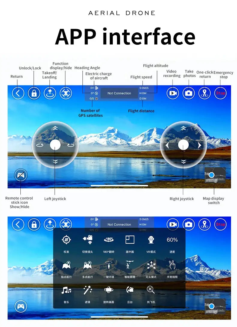 L106-1PRO GPS drone app interface with dual joysticks on blue landscape background