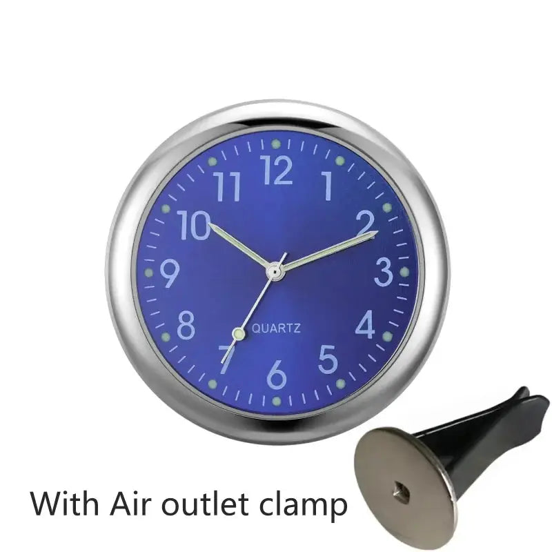 Car clock with blue dial, quartz movement, chrome bezel, air outlet clamp