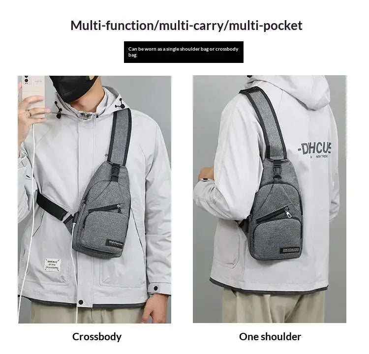 Simples Market men's chest bag, gray canvas crossbody/one-shoulder, lightweight casual bag