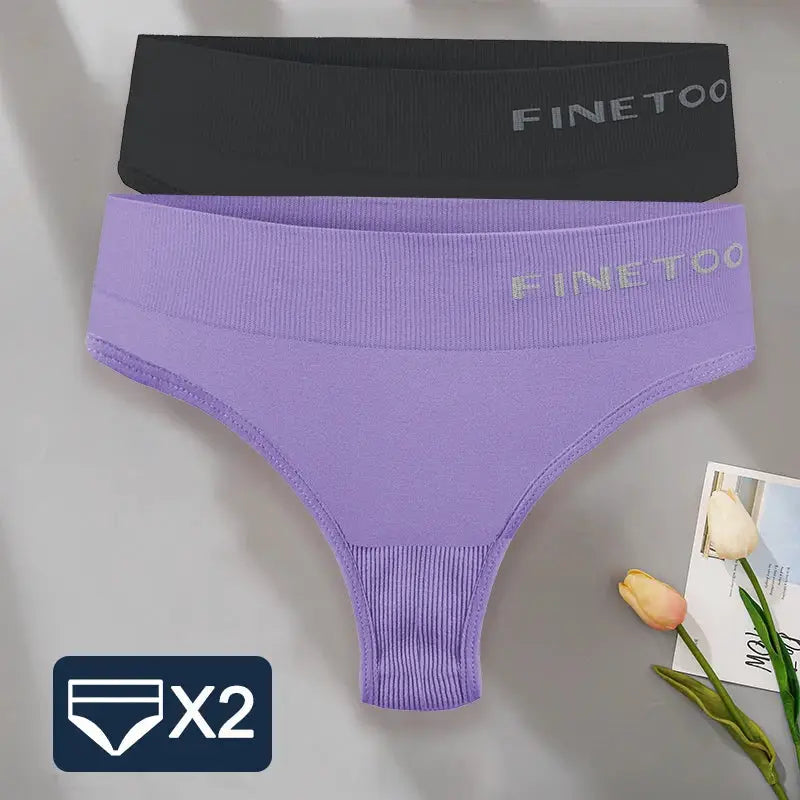 FINETOO 2-pack thong panties for women, black and lavender with ribbed waistband