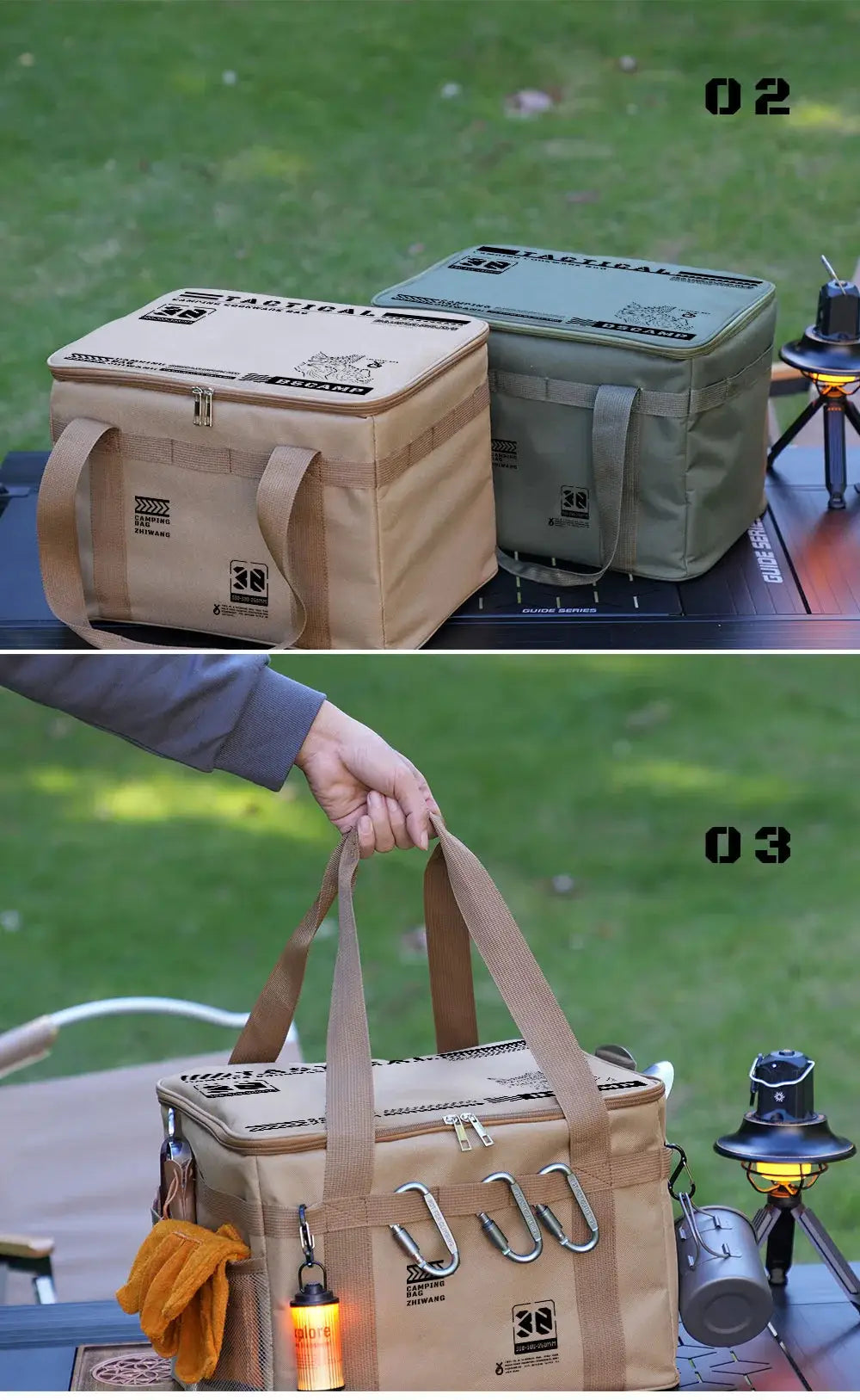 Two insulated camping bags, tan and olive green, waterproof, 30L/42L/56L with handles for outdoor tableware storage