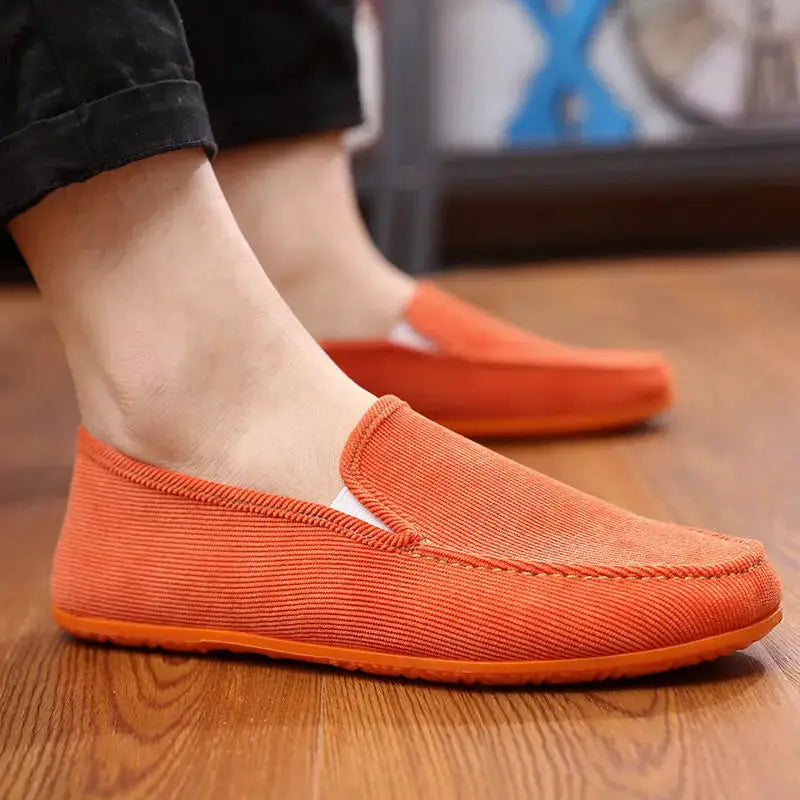 Men's orange fabric loafers slip-on driving shoes for summer
