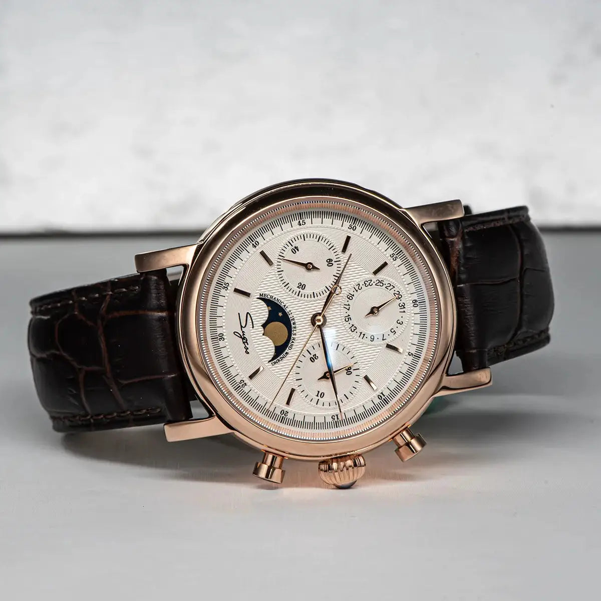 Sugess ST1908 men's mechanical chronograph watch with moonphase calendar and brown leather strap
