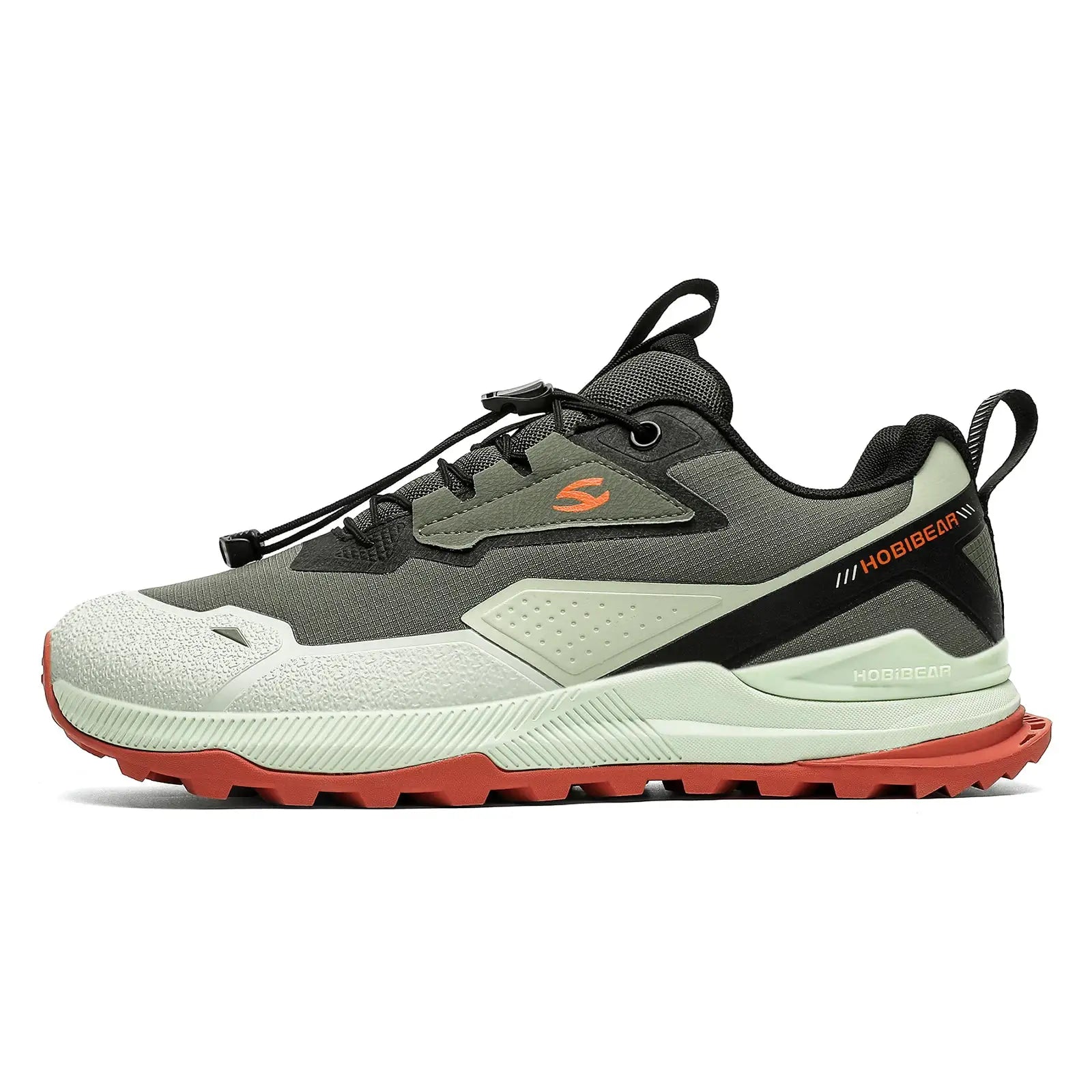 HOBIBEAR hiking shoes for men and women, grey-olive upper with orange logo, elastic band, non-slip rugged outsole