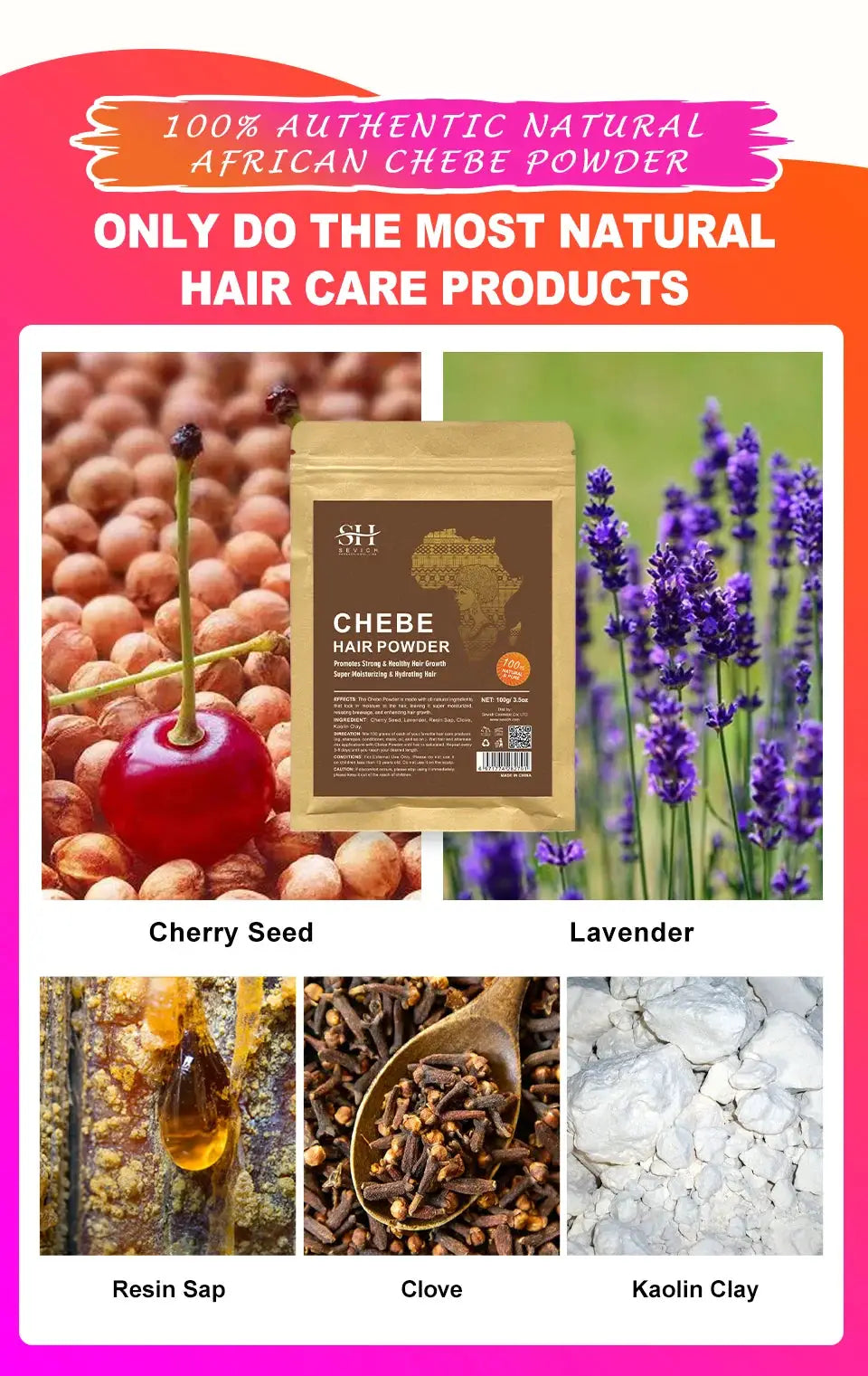 100% Natural Chebe Powder Natural Ingredients Promotes Hair Strengthens & Thickens Anti Hair Loss Hair Regrowth Treatment