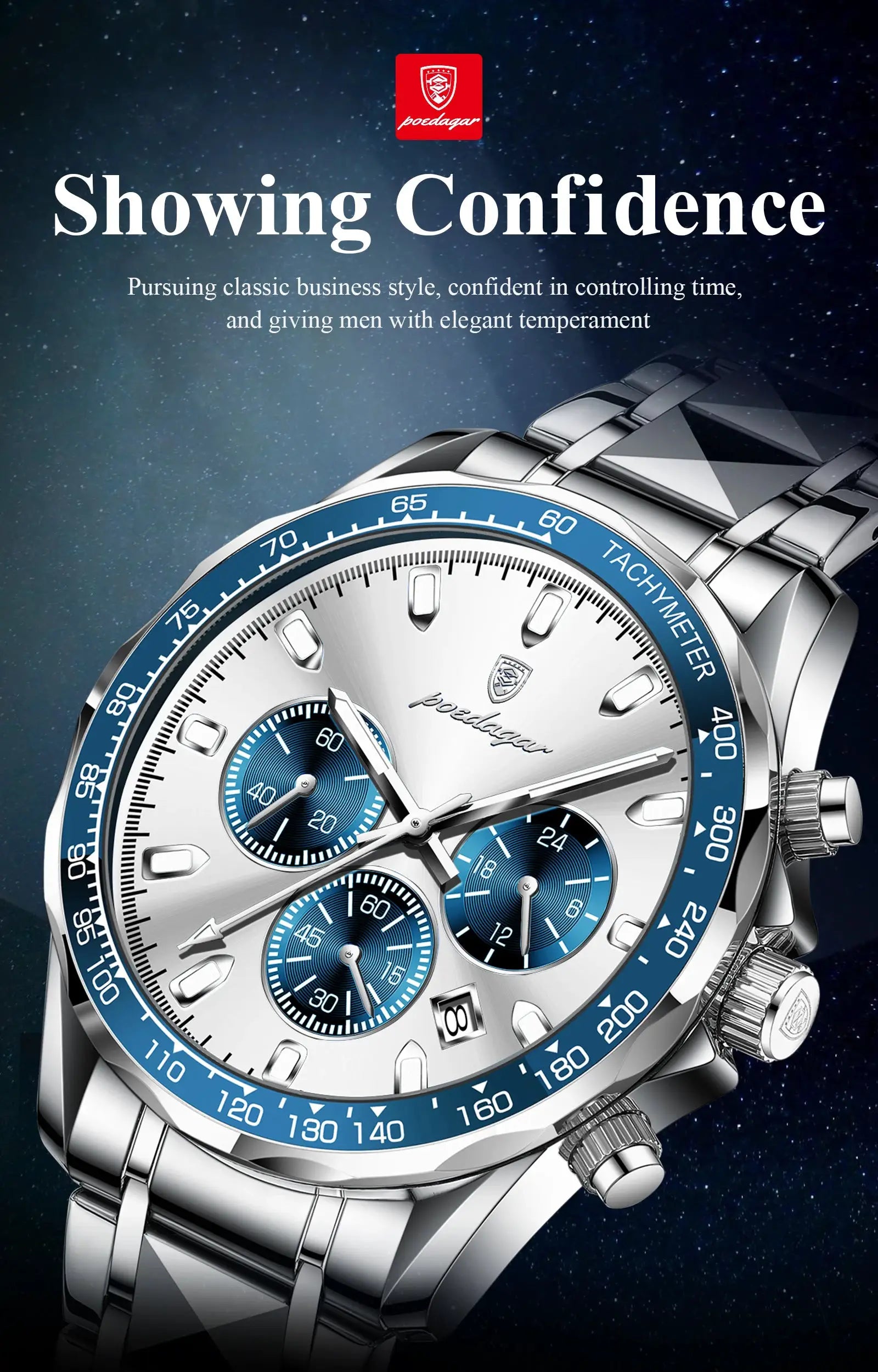 POEDAGAR men's luxury stainless steel chronograph watch with blue tachymeter bezel and luminous dial
