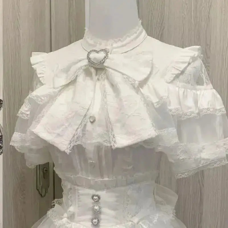 Girls white lace off-shoulder blouse with ruffles and bow, heart brooch, Simples Market