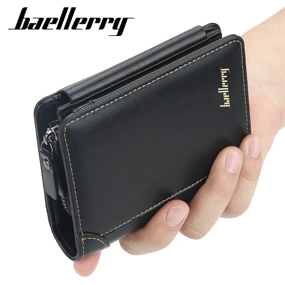 Baellerry men's short PU leather wallet with RFID blocking; black with beige front-pocket stitching