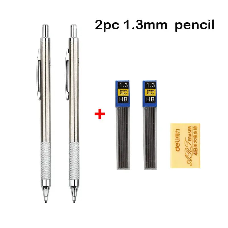 Simples Market full-metal mechanical pencil set, 2 silver pencils with HB 1.3mm lead refills and eraser