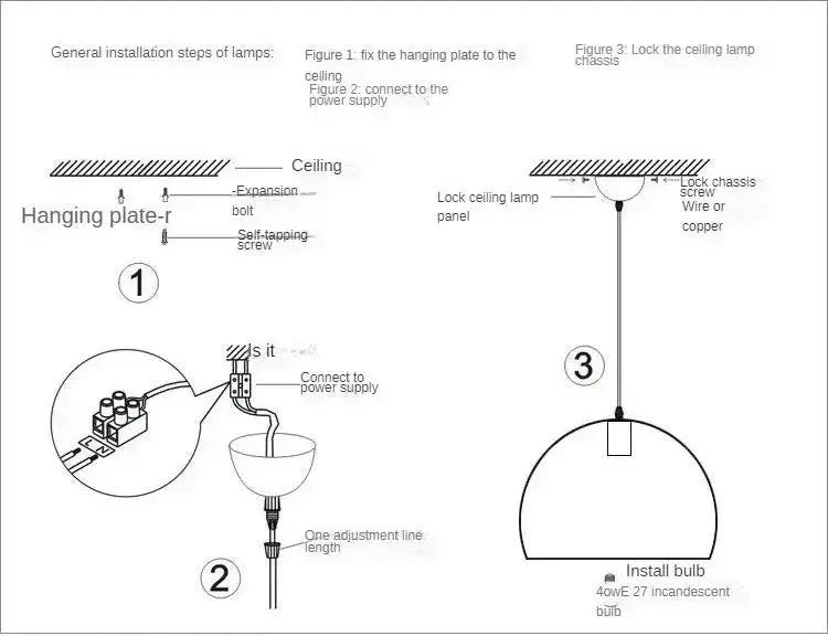 Bamboo weaving LED pendant light installation diagram; handmade vintage hanging chandelier with ceiling plate and cord.