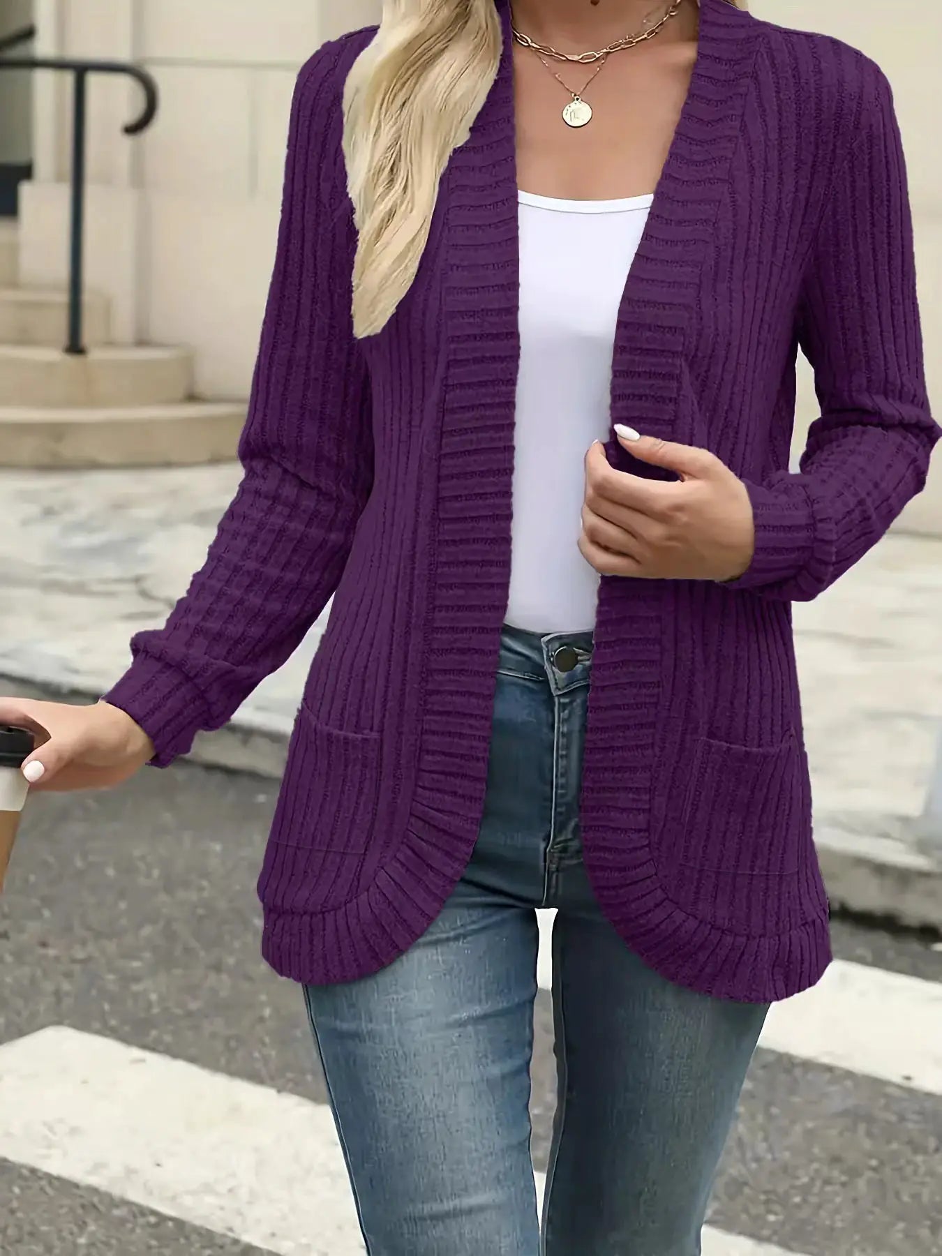 StyleNest Solid Color Brushed Pinstripe Cardigan Jacket For Women With Cozy Warmth And High Stretch Knit