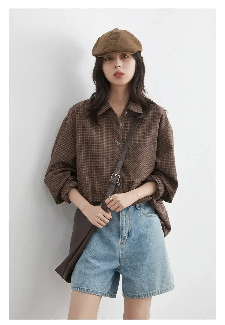 CHIC VEN women’s loose brown plaid shirt, single-breasted casual top