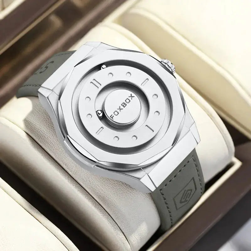 FOXBOX men's stainless steel quartz watch with grey strap
