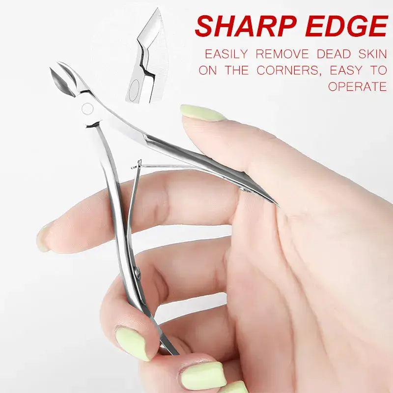 Nail care set in stainless steel tools with cuticle nipper, scissors, and buffers held in hand