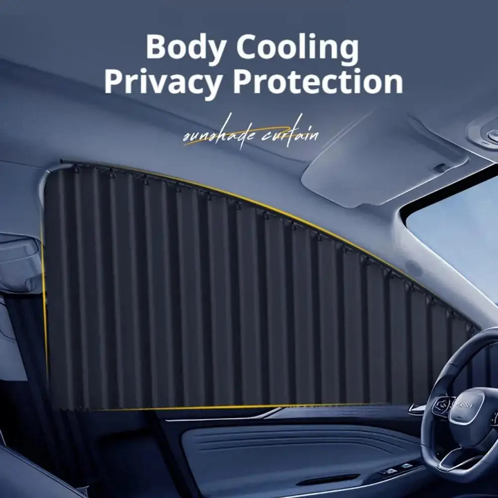 Car side window sun shade curtain, foldable privacy shield with automatic telescopic design, black with yellow edge