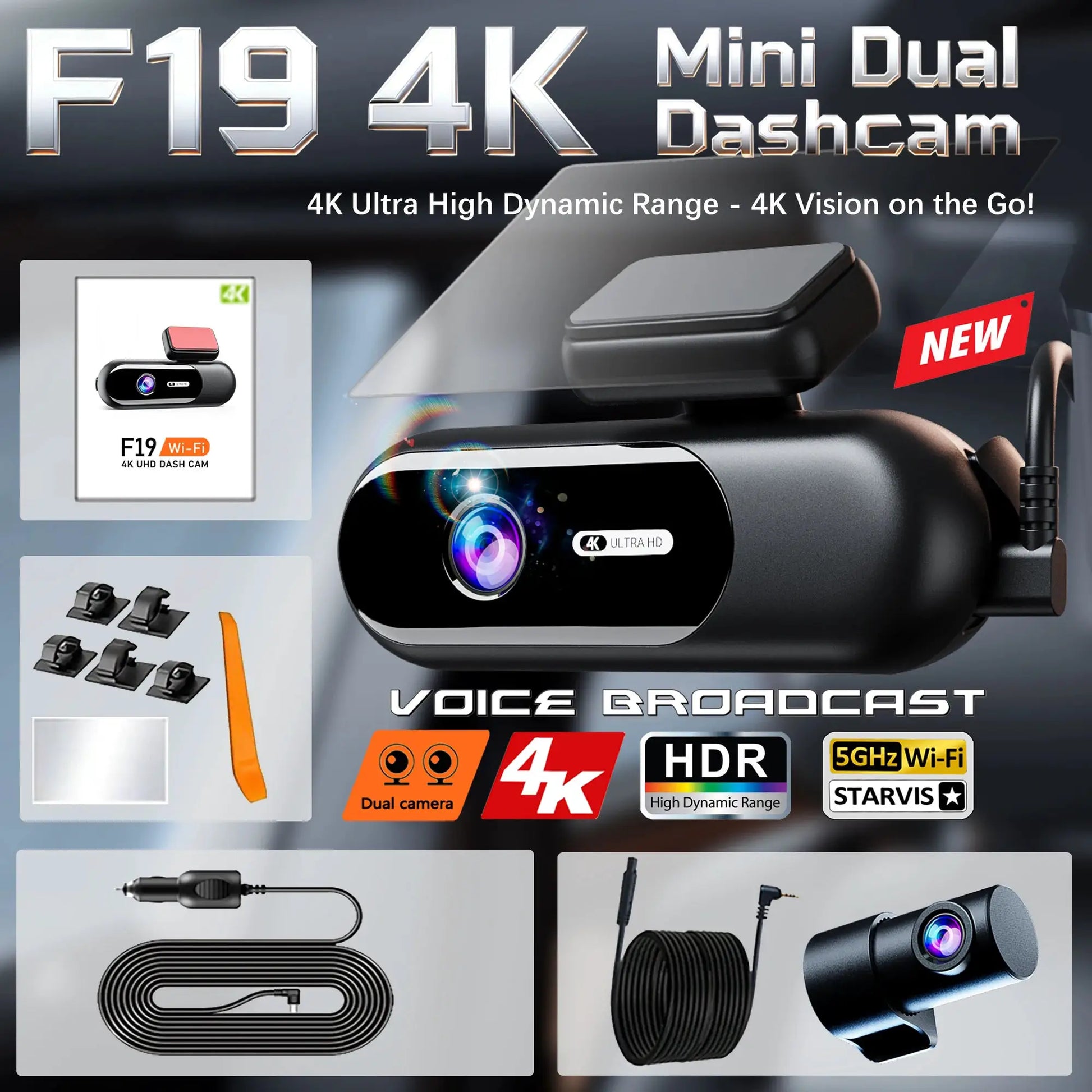 Dash cam 4K UHD dual front/rear with HDR night vision and built-in Wi‑Fi by Simples Market