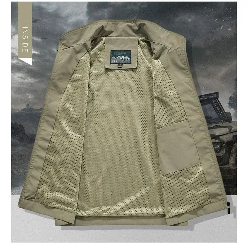 Men's windproof vest by Simples Market, khaki outer with mesh interior, sleeveless biker vest