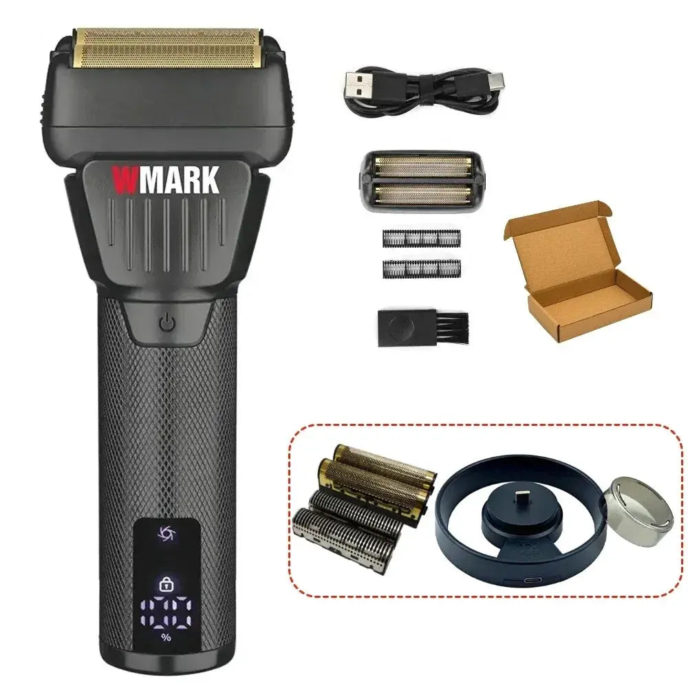 WMARK NG-7982 professional hair trimmer with 9000RPM motor, LCD display and titanium double blades; includes USB cable.