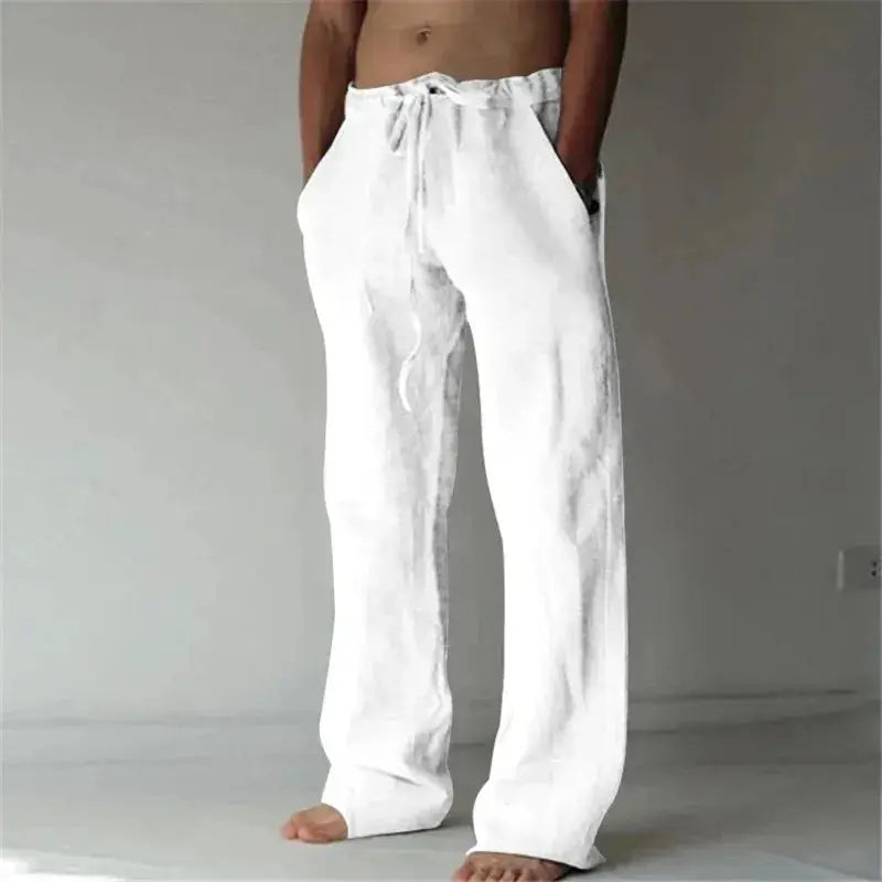 Men's Cotton Linen Long Pants Solid Color Summer Breathable Trousers Elastic Waist Casual Harajuku Style