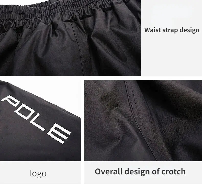 POLE motorcycle raincoat set by Simples Market in black waterproof fabric with POLE logo.