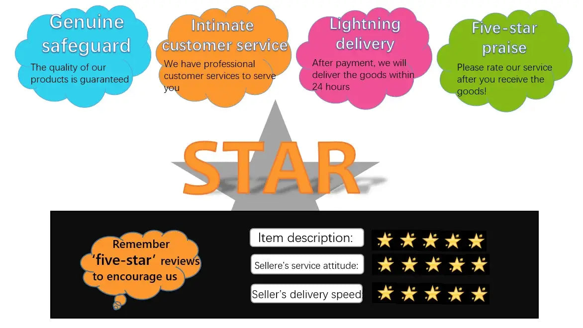 Cloud LED ceiling lamp promo with orange STAR logo and colorful five-star service badges.