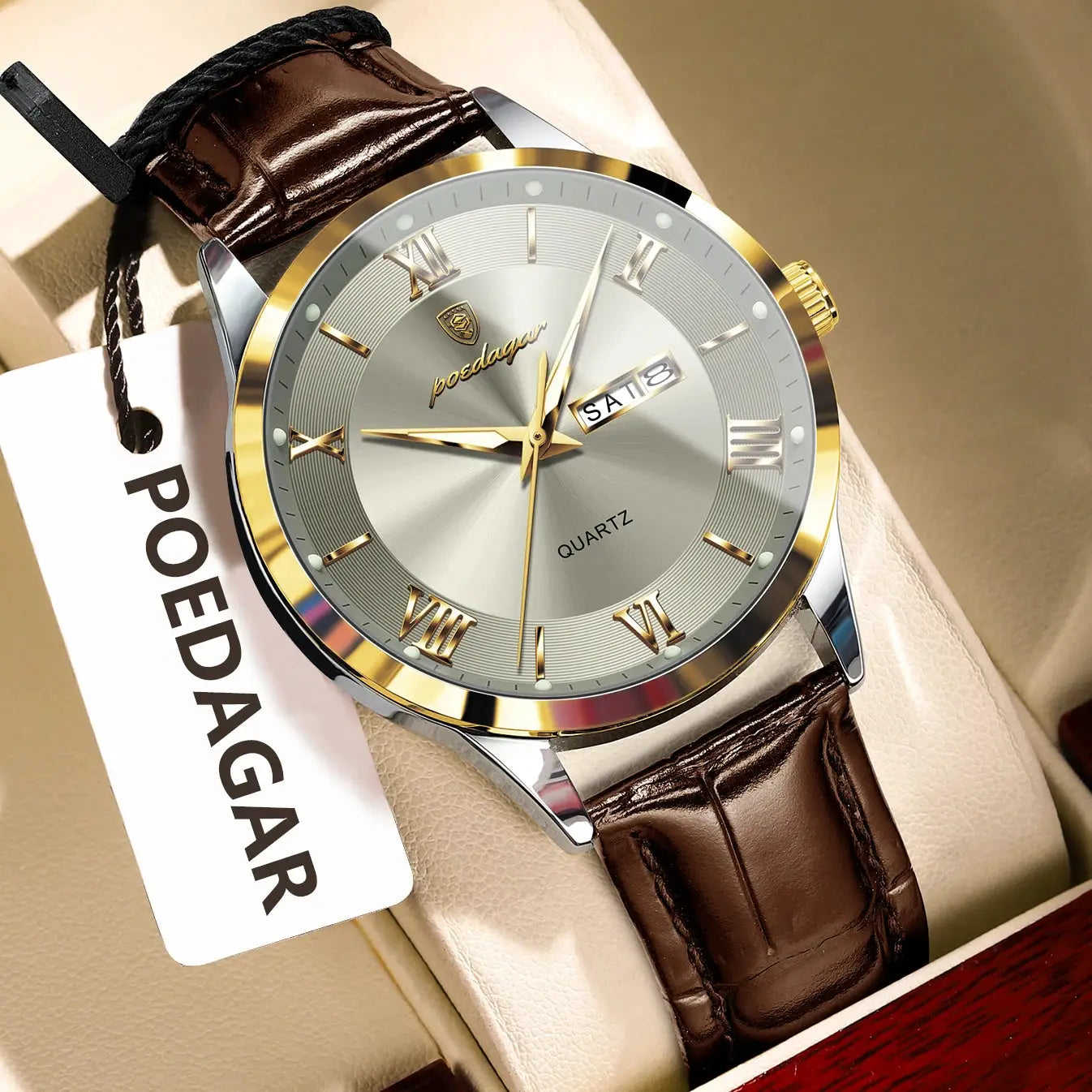 POEDAGAR Original Men Leather Strap Quartz Watch Luminous Waterproof Stainless Steel Case Timepiece