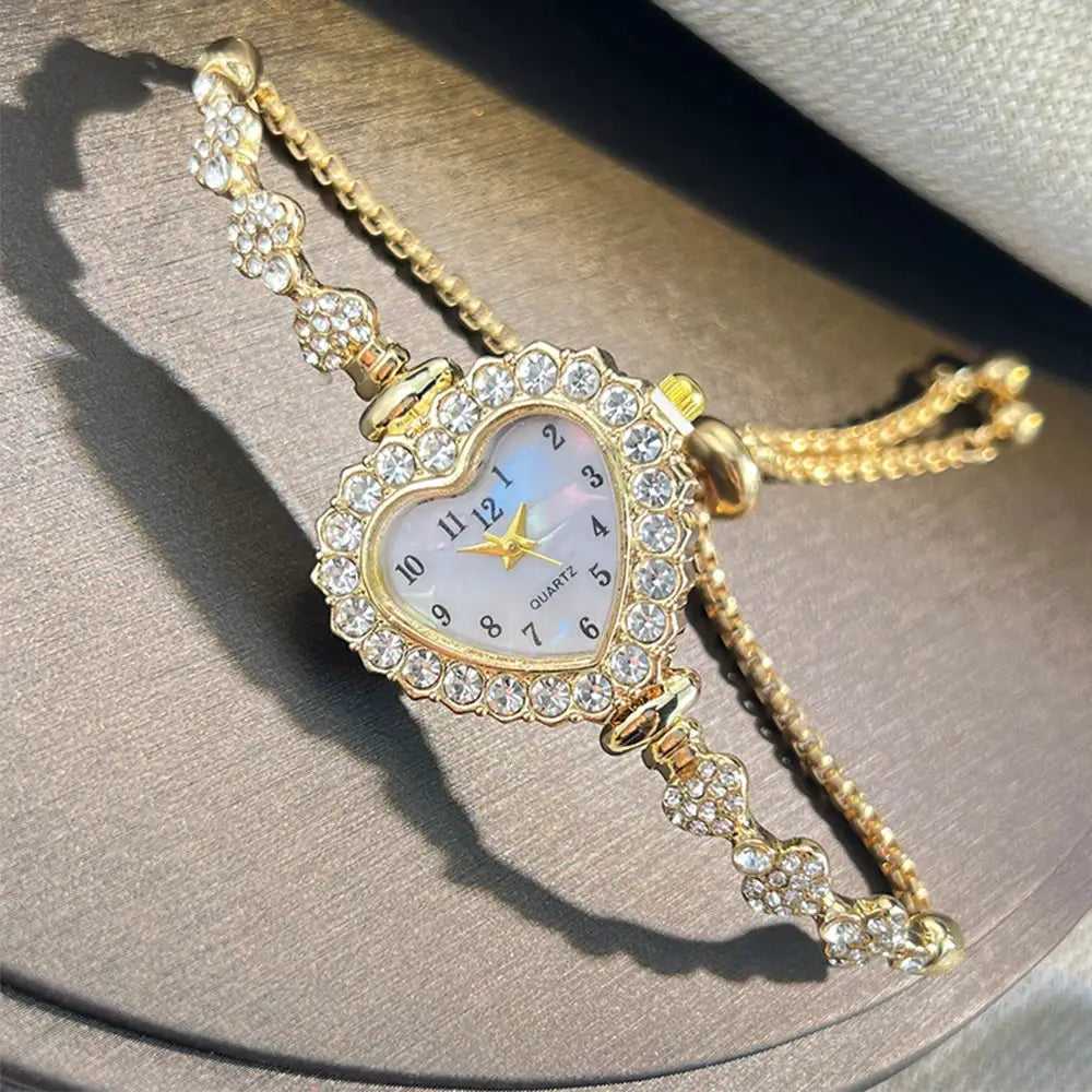 LuxeTime Heart Shaped Diamond Studded Flower Watch With Ribbon Strap Adjustable Bracelet For Women