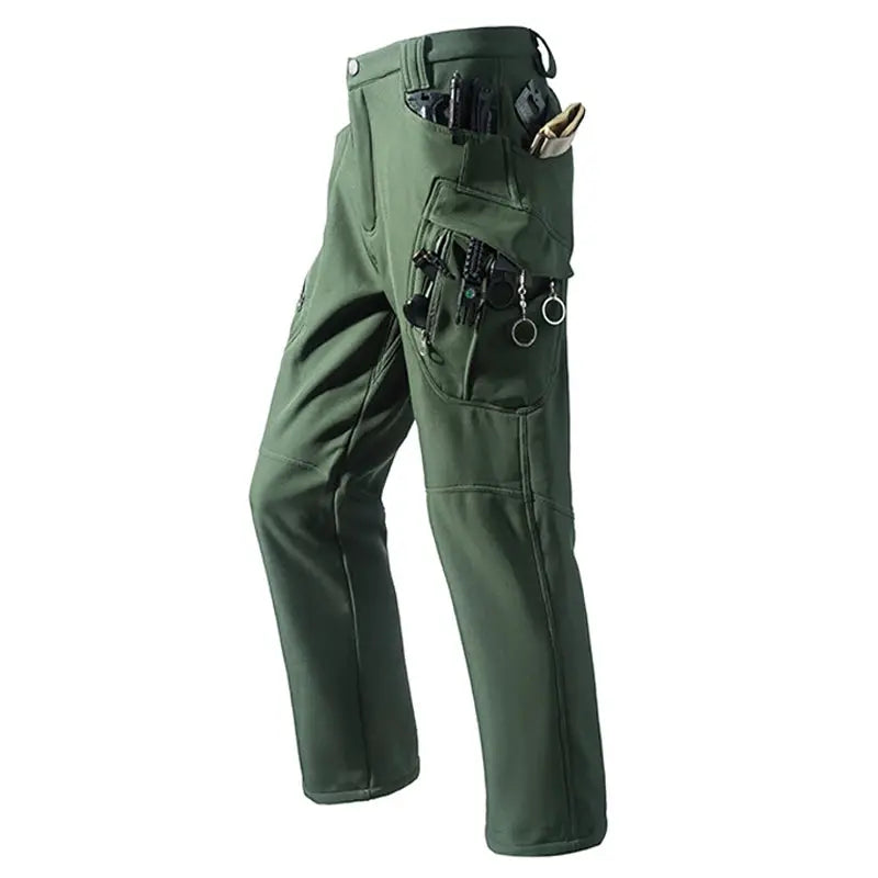 Men's green city cargo hiking pants by Simples Market with tool pockets and fleece-softshell fabric