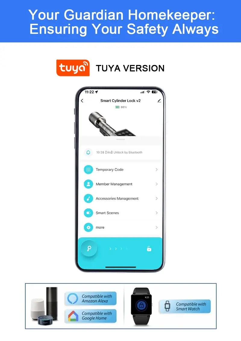Tuya APP fingerprint cylinder smart door lock with keypad, silver metal body, app remote control