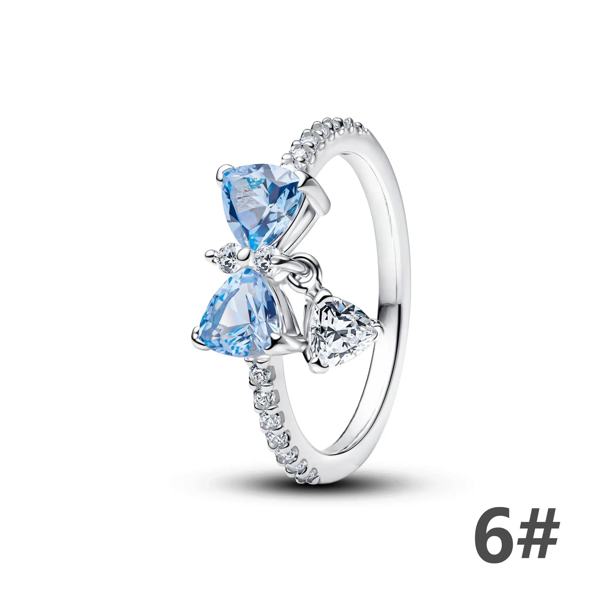 Two 925 silver rings with blue gemstone centerpiece and pave diamonds along the band