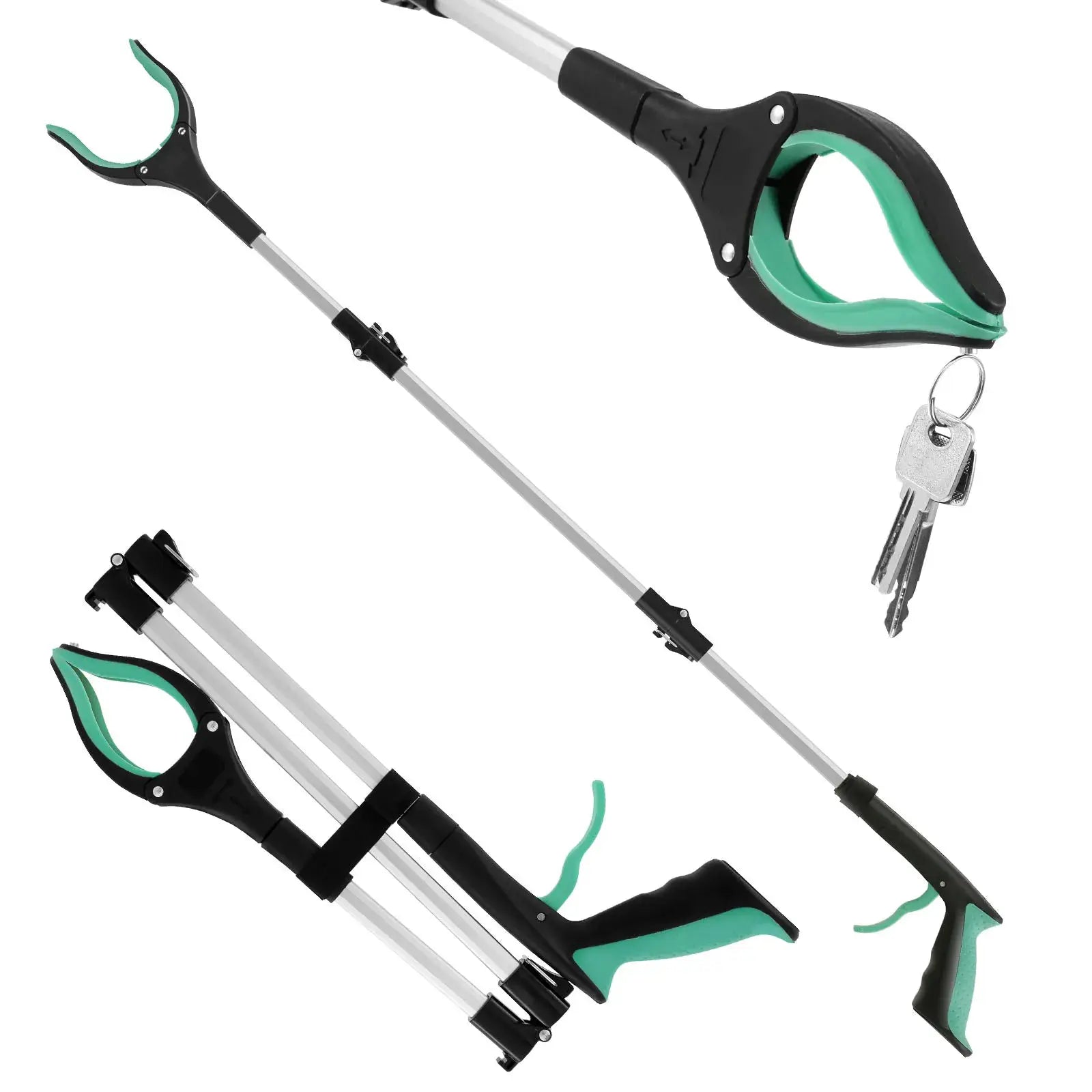 Foldable gripper extender reacher with non-slip green jaws and aluminum shaft by Simples Market