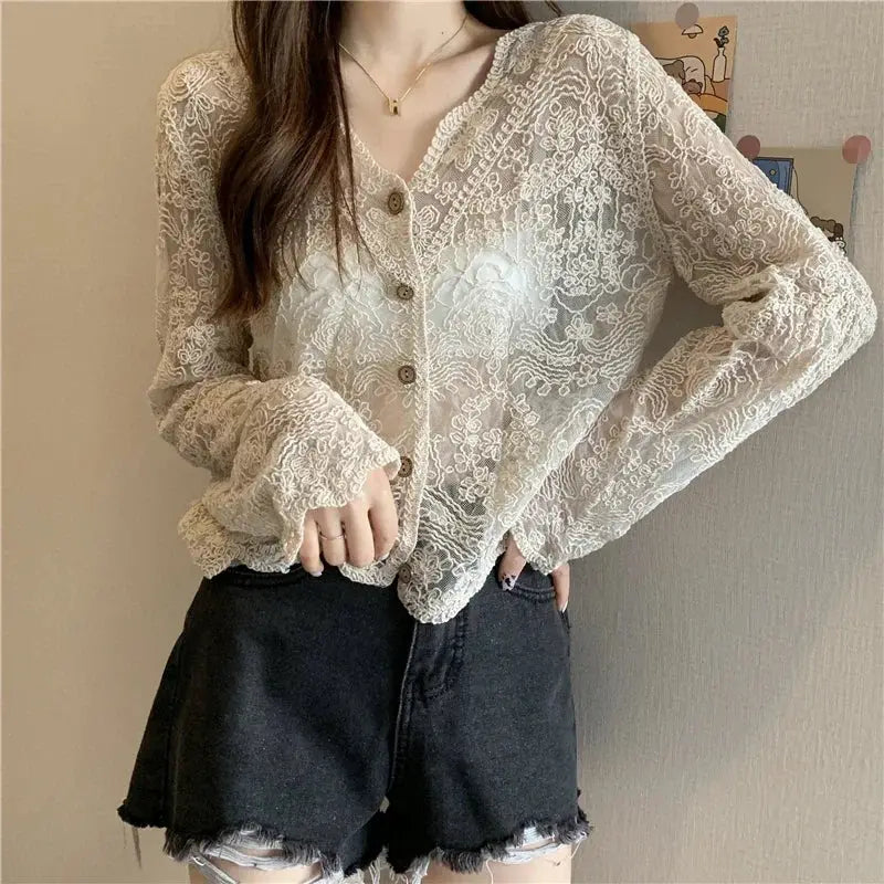 Cream lace blouse, sheer long sleeves with button placket, vintage Korean-style summer top