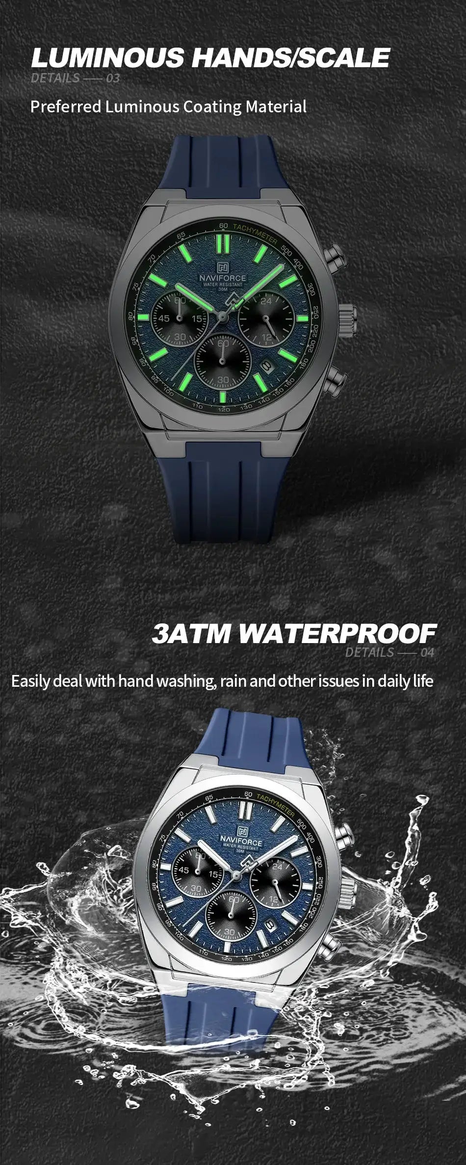 Two NAVIFORCE men's chronograph watches with blue silicone straps and luminous hands, 30m water resistant