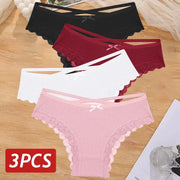 Women cotton lace low-rise panties 4-pack with bows in black, burgundy, white, and pink