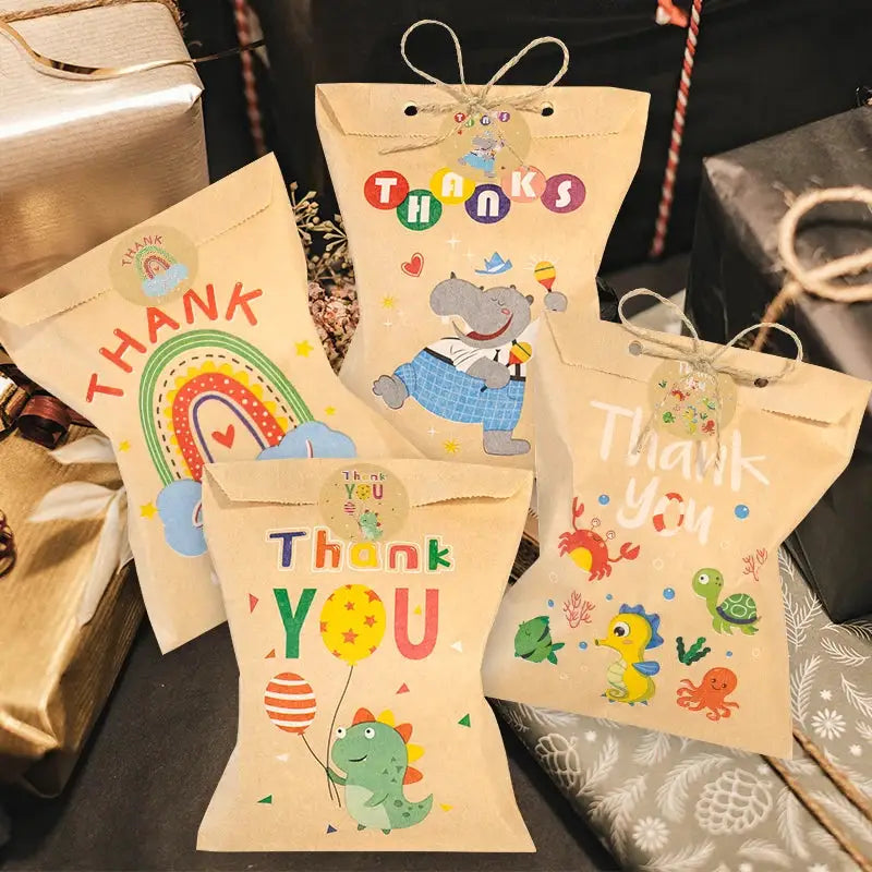 Kraft paper gift bags, 5-pack, with colorful dinosaur and rainbow Thank You designs for party favors