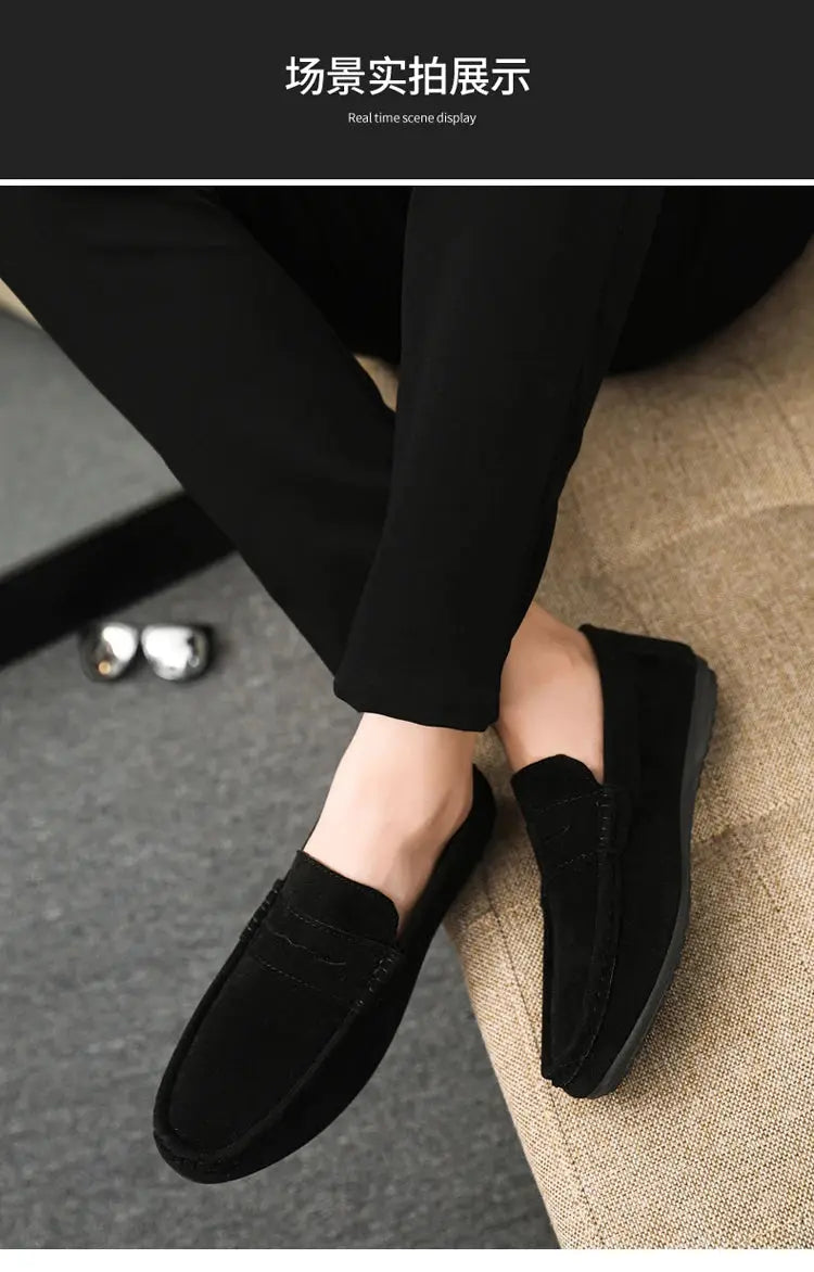 Men's black driving loafers, slip-on casual work shoes
